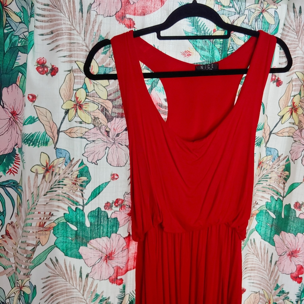 NICE COLLECTION red blouson maxi dress jersey stretch comfy summer resort vacati